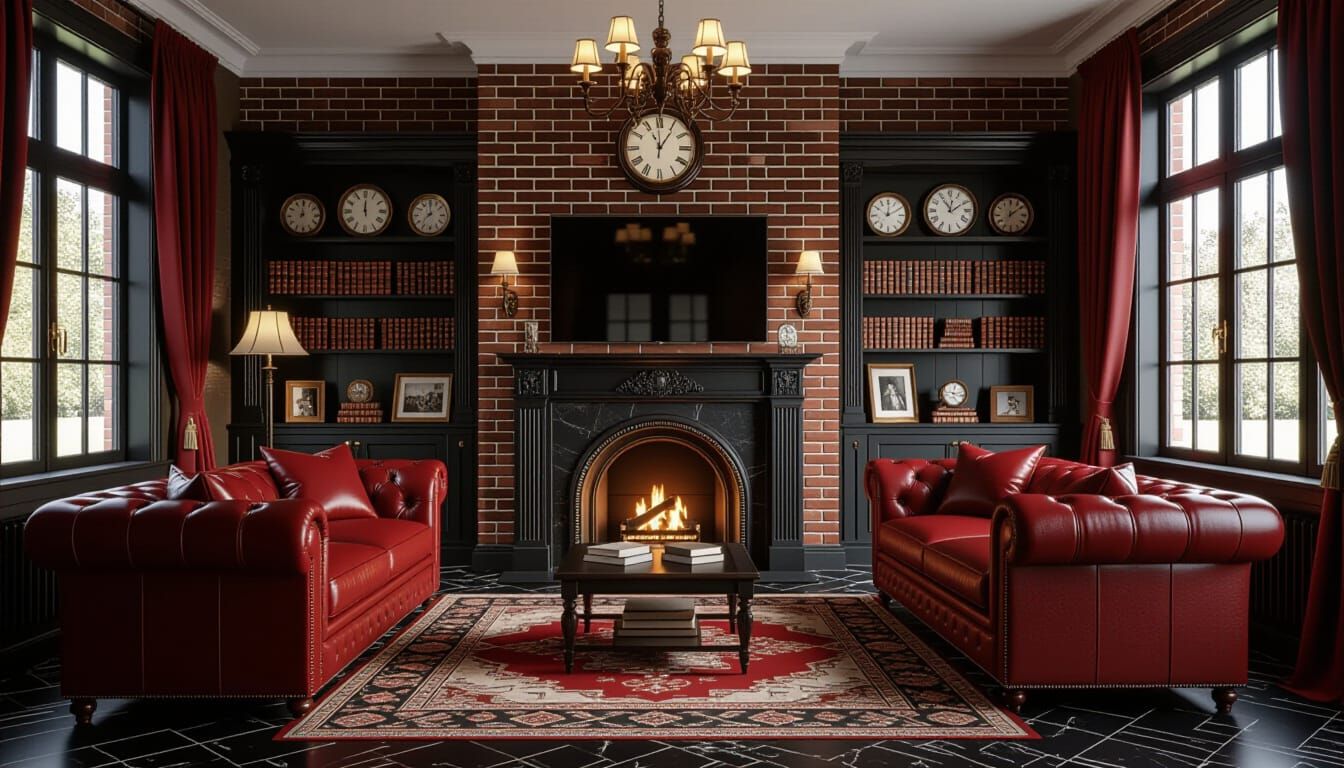 Victorian Living Room with Fireplace and Leather Sofa