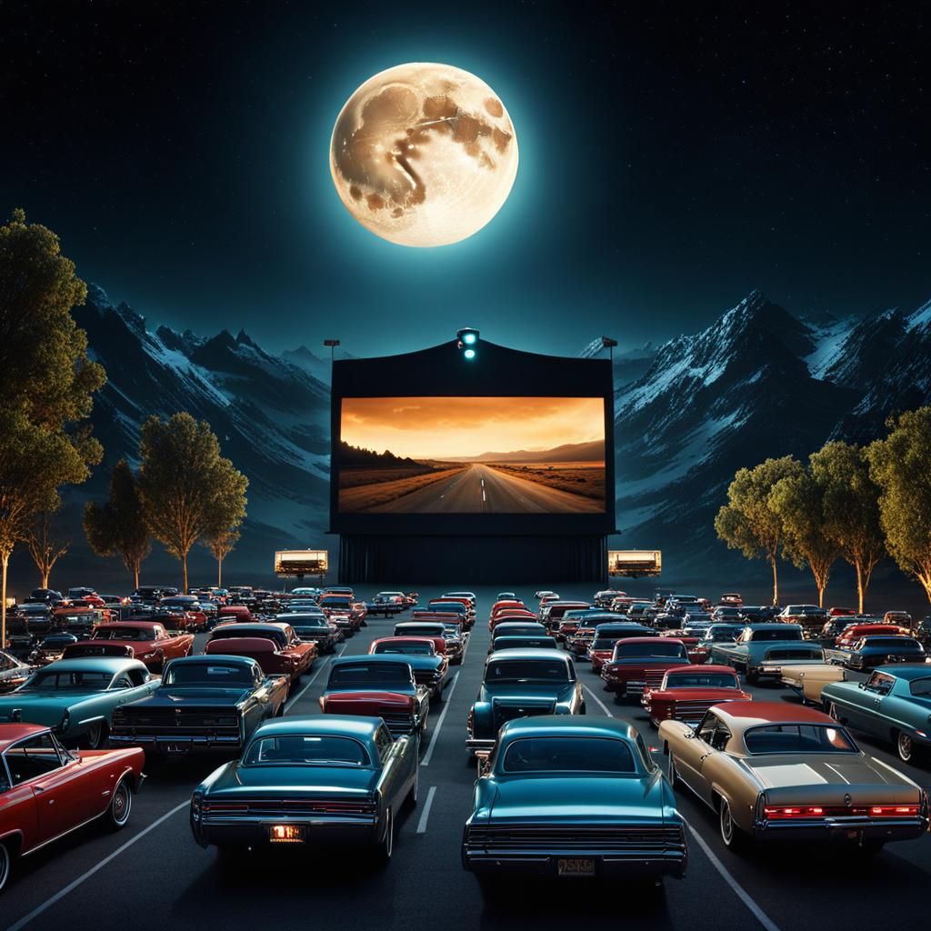Classic Drive-In Movie Theater Under Moonlight