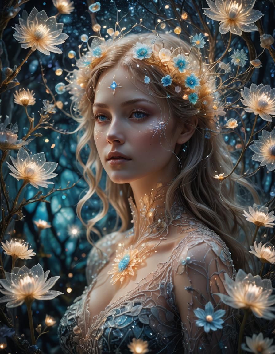 Bioluminescent Glass Flower Woman in Surreal Portraiture