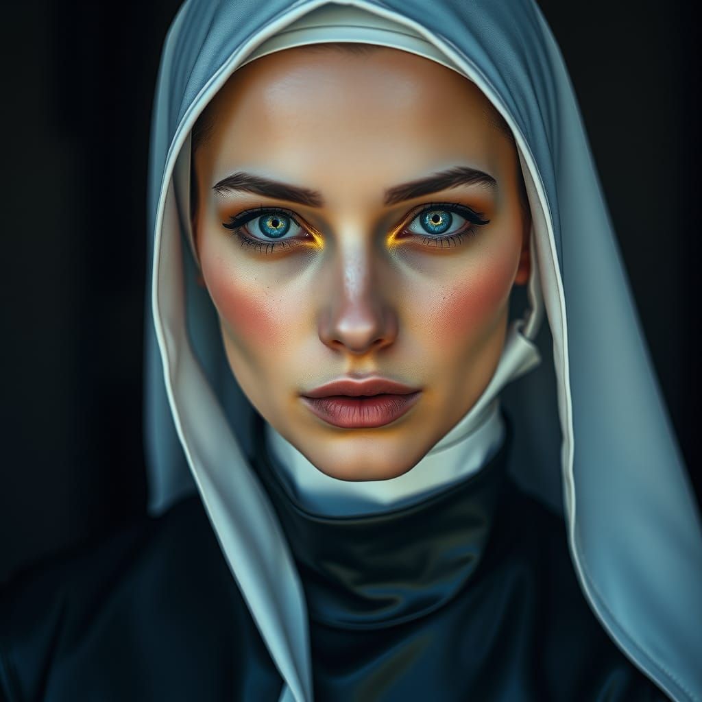 Hyperrealistic Nun with Blue Eyes in Cinematic Style