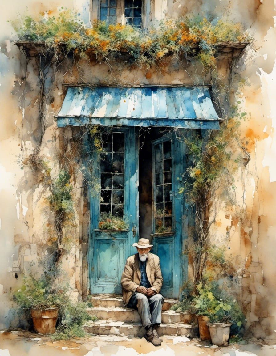 Romantic Watercolor: Old Man at Stone Doorway