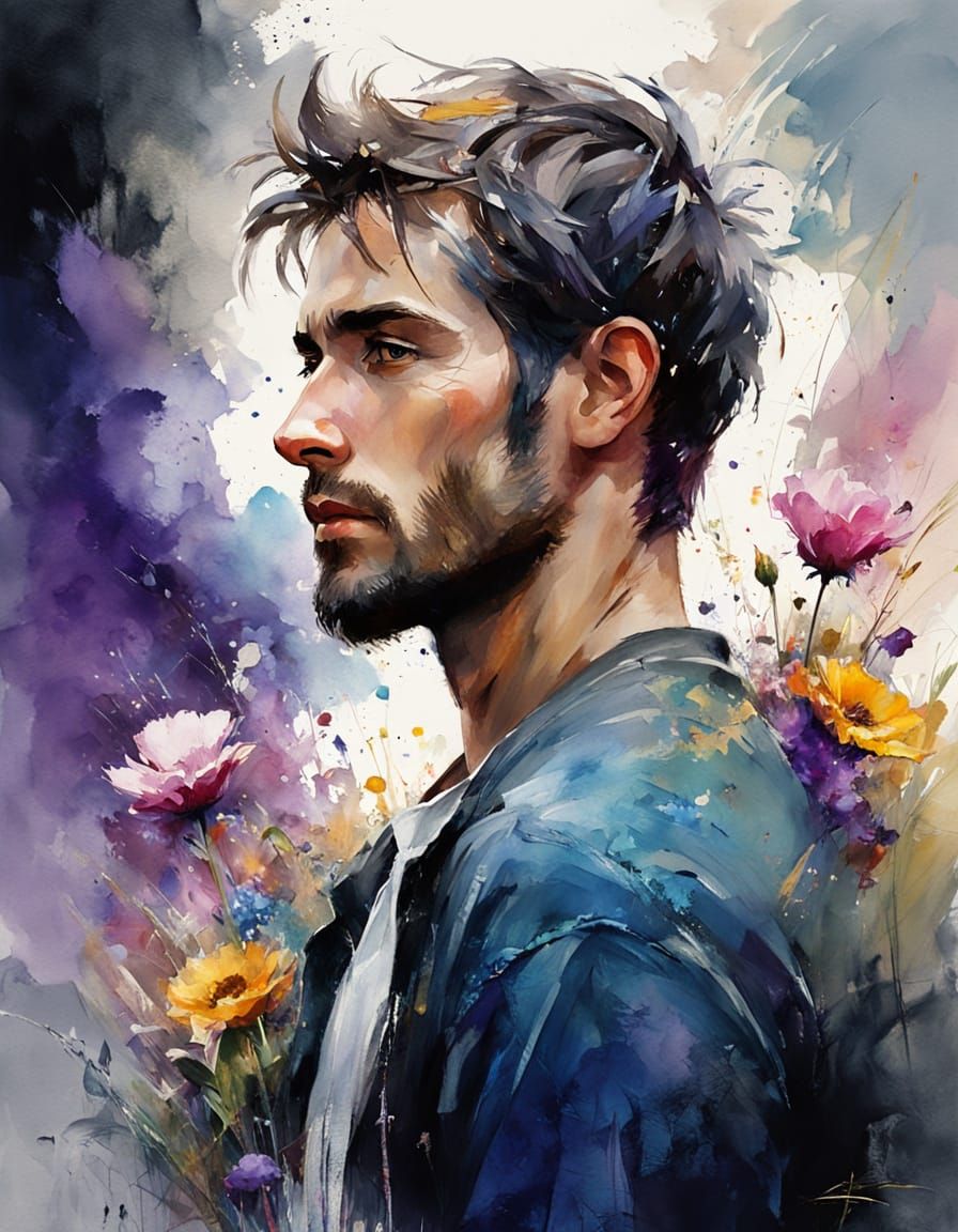 Floral Male Portrait in Detailed Watercolor Style