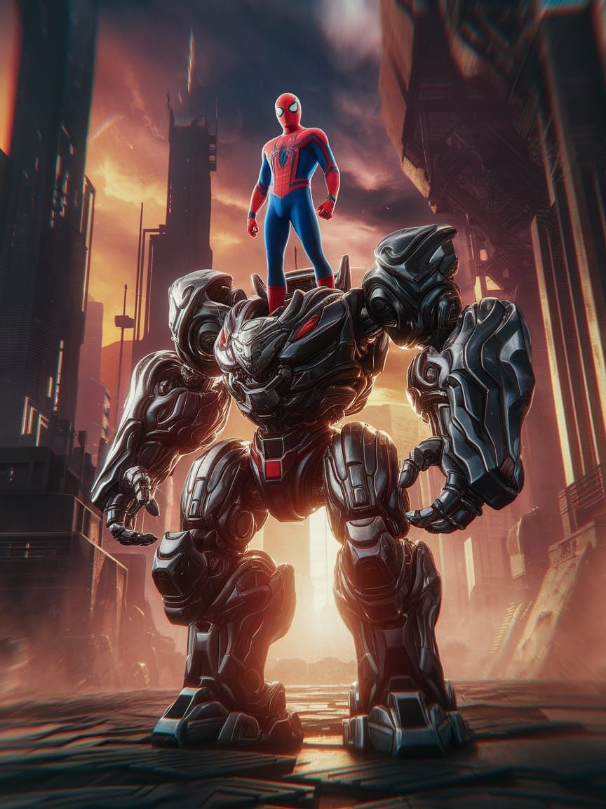 Spiderman Dominates Dark Fantasy Mecha in Cyberpunk Cityscap...