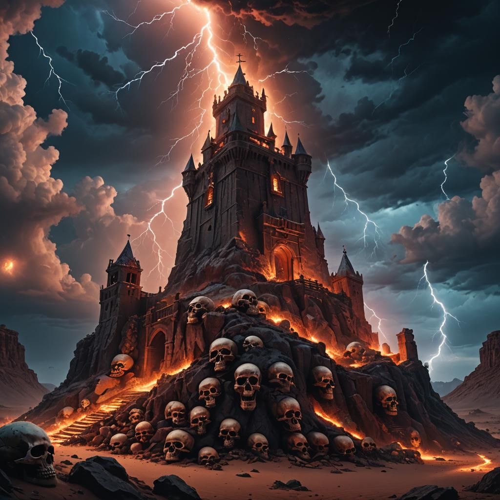 Skull Tower on Desert Island in Dark Fantasy Style