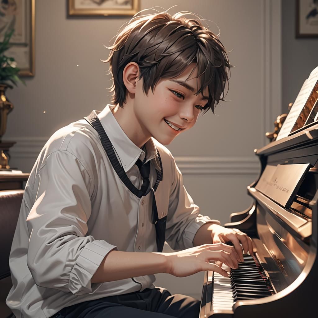 Boy Playing Piano in Anime Style