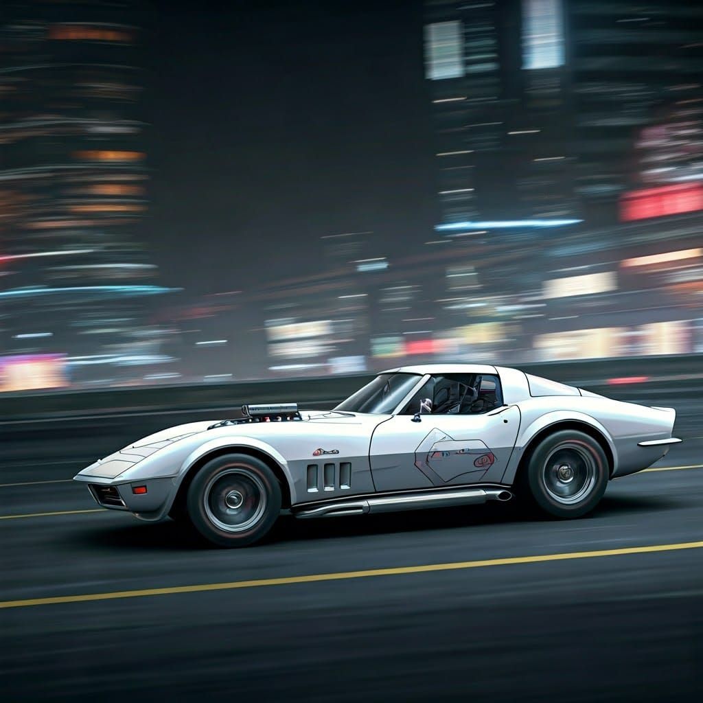 Futuristic White Corvette Stingray Speeds Through Neon Metro...
