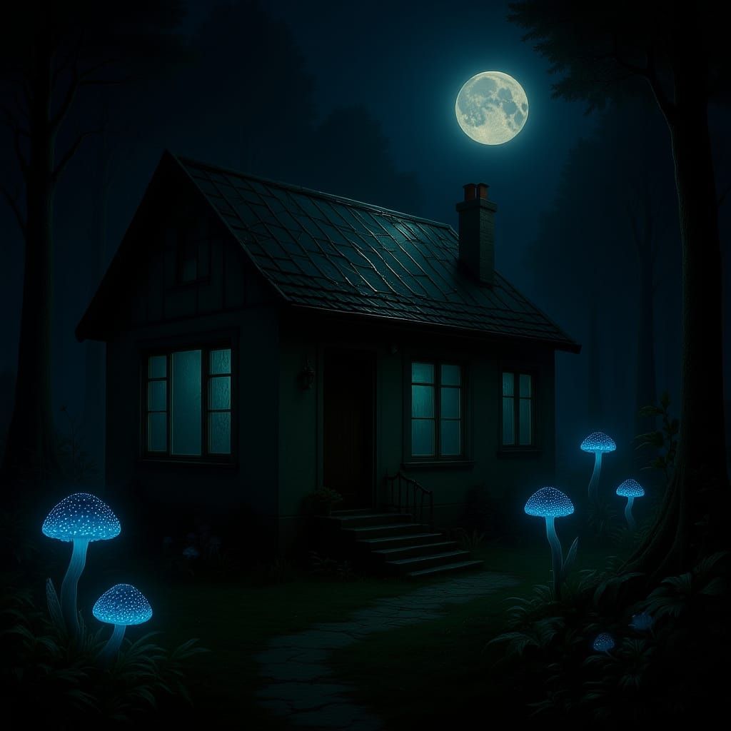 Eerie Bioluminescent Flora Overgrowing Abandoned House