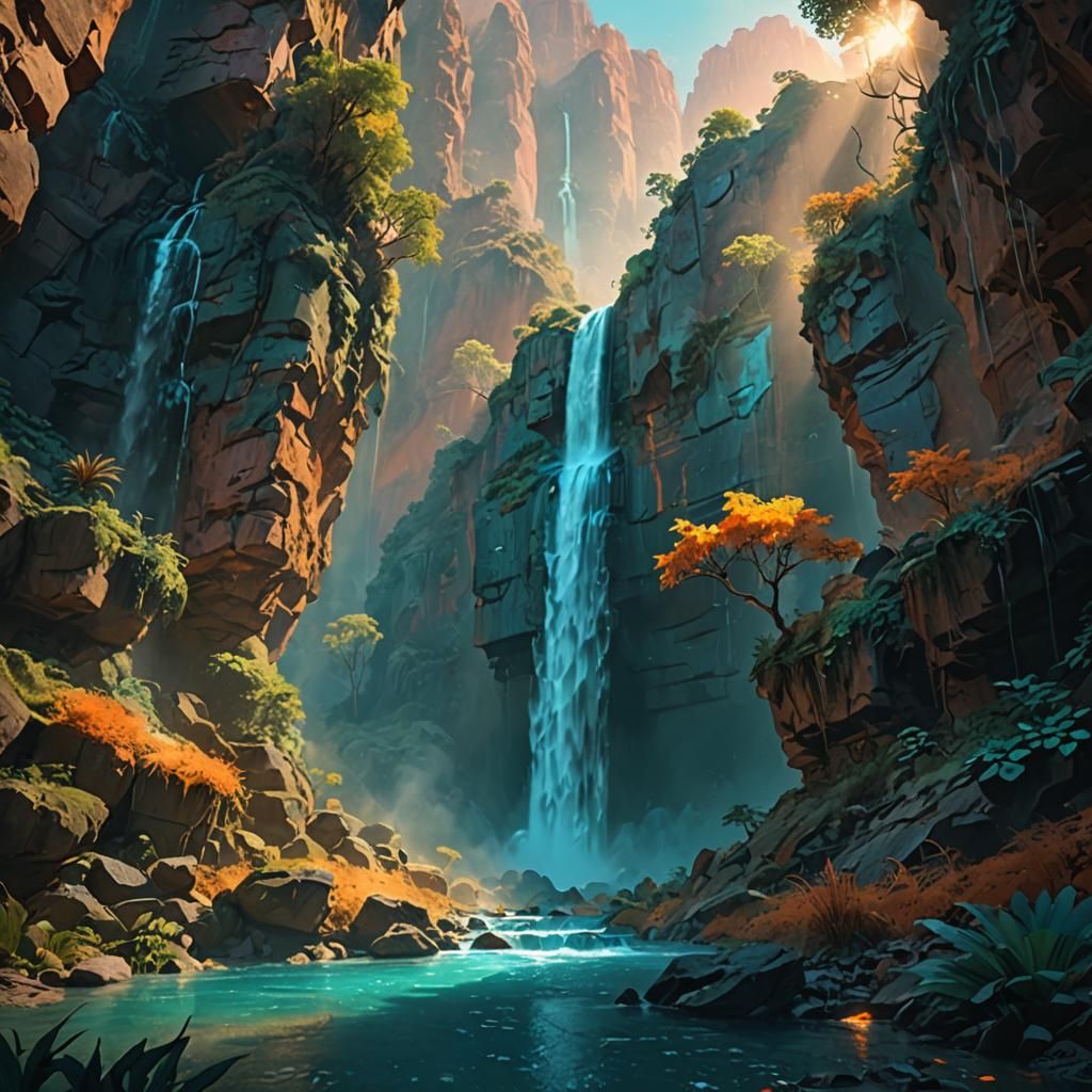 Enchanting Waterfall in Canyon: Dreamlike Digital Painting