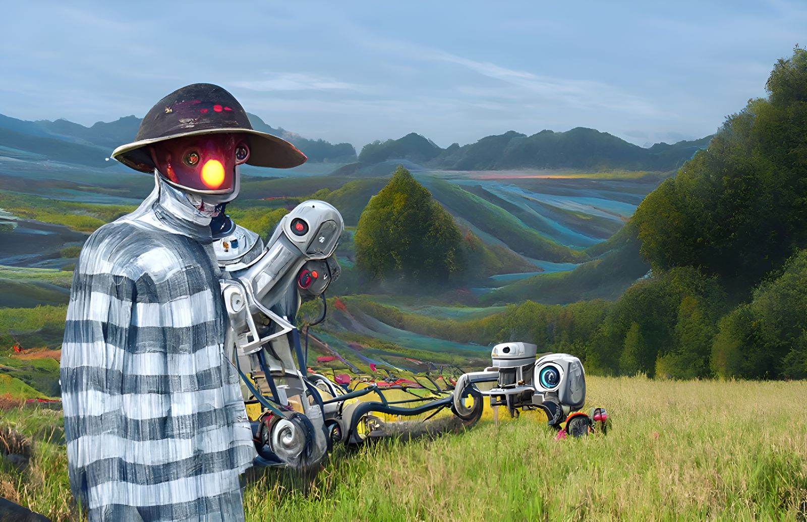 Futuristic Robot Farmer in Psychedelic Sci-Fi Landscape