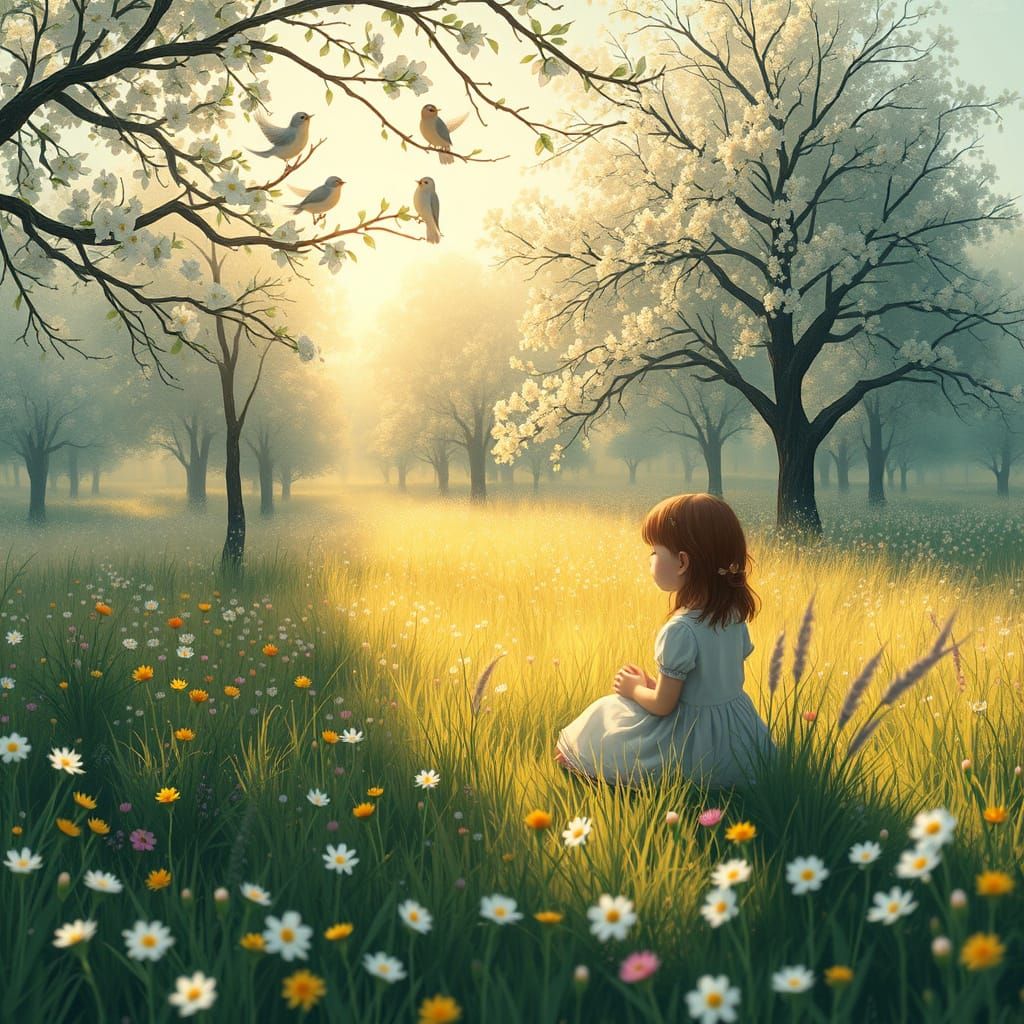 Girl in Dreamy Meadow, Impressionistic Style