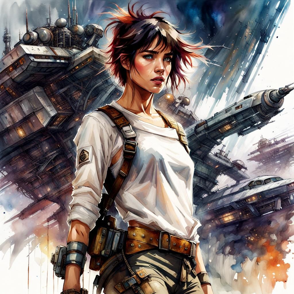 Sci-Fi Warrior in Steampunk Spaceport: Watercolor Art