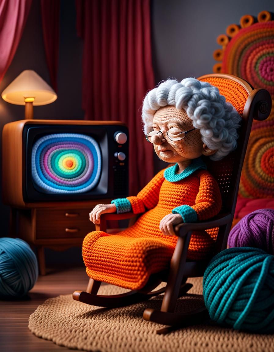 Cute Crochet Granny Sleeping in Yarn Bedroom