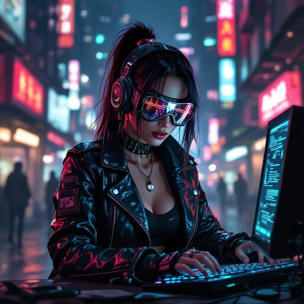 Oni Hacker in Cyberpunk City, Syd Mead Style