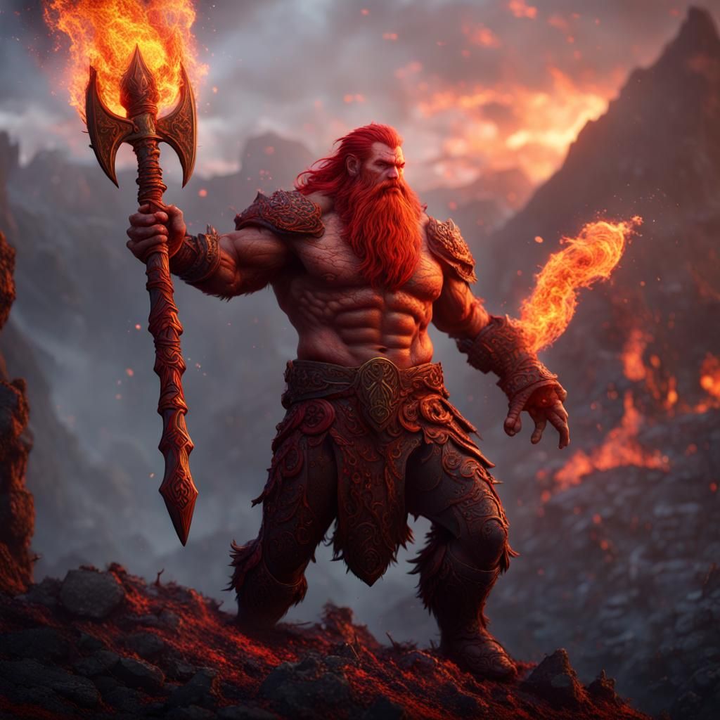 Fiery Fire Giant with Sword on Volcanic Landscape