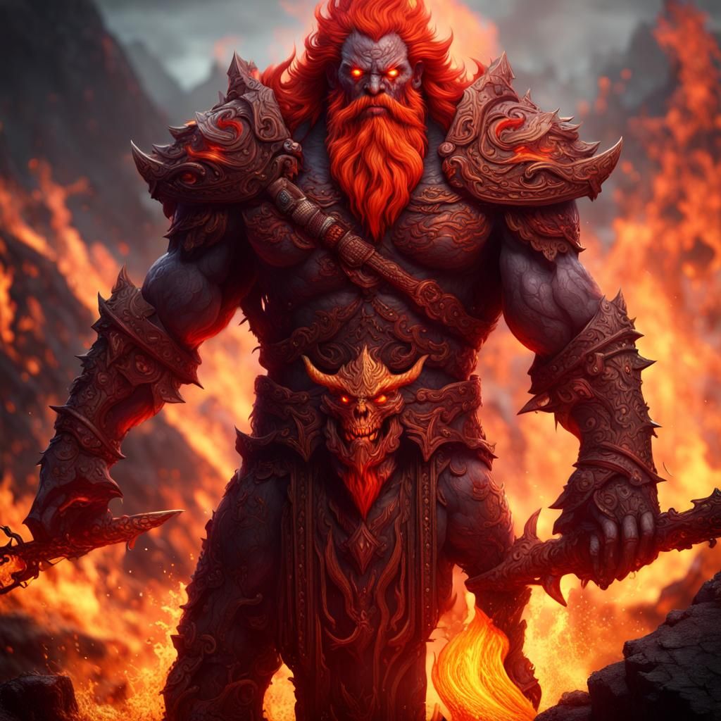 Detailed Fire Giant with Fiery Sword and Volcano