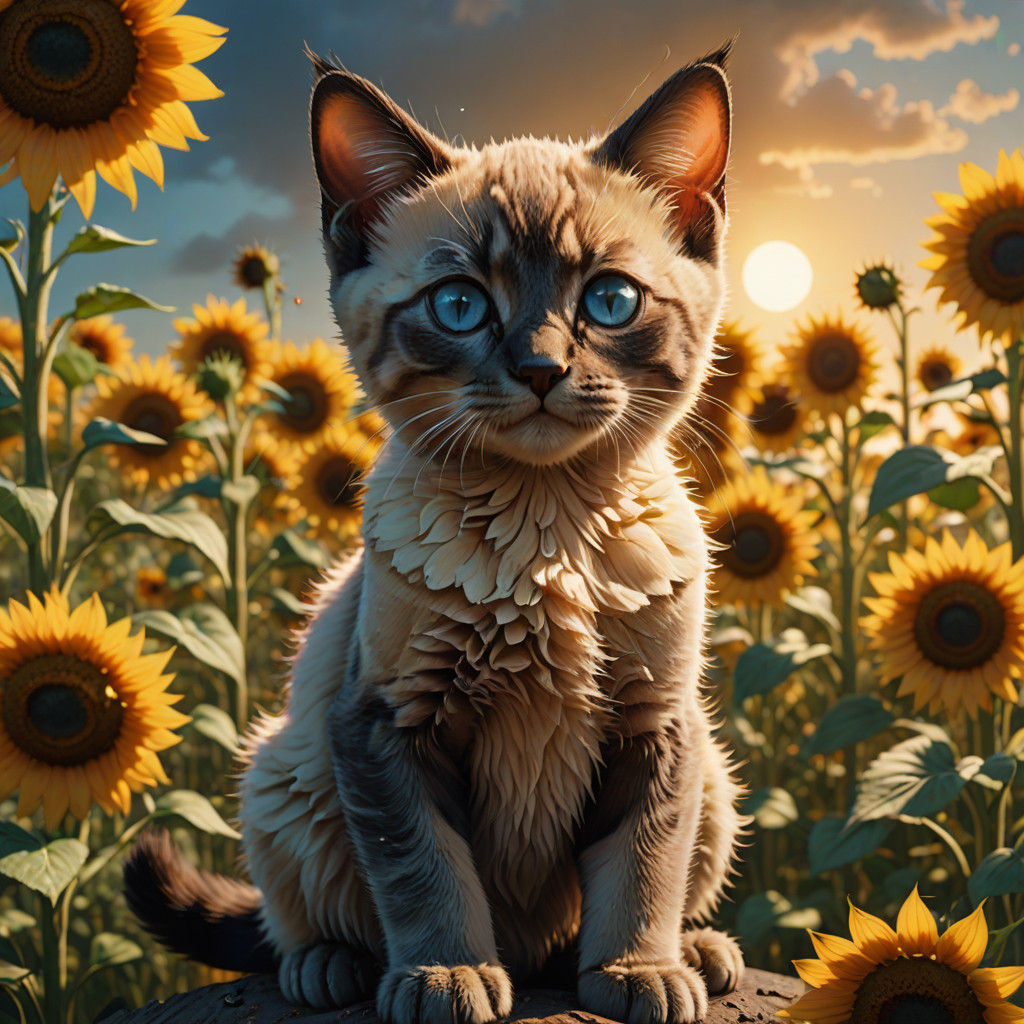 Siamese Kitten in Vibrant Sunflower Field