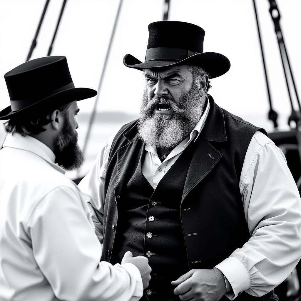 Grave Ship Captain Confronts Doctor in 1830s Cinematic Still