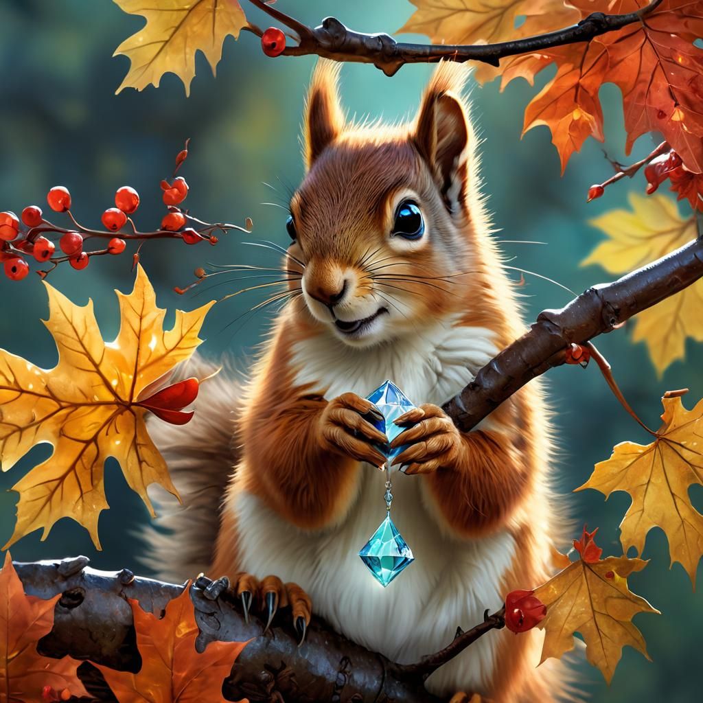 Squirrel with Diamond Nut in Magical Realism Style