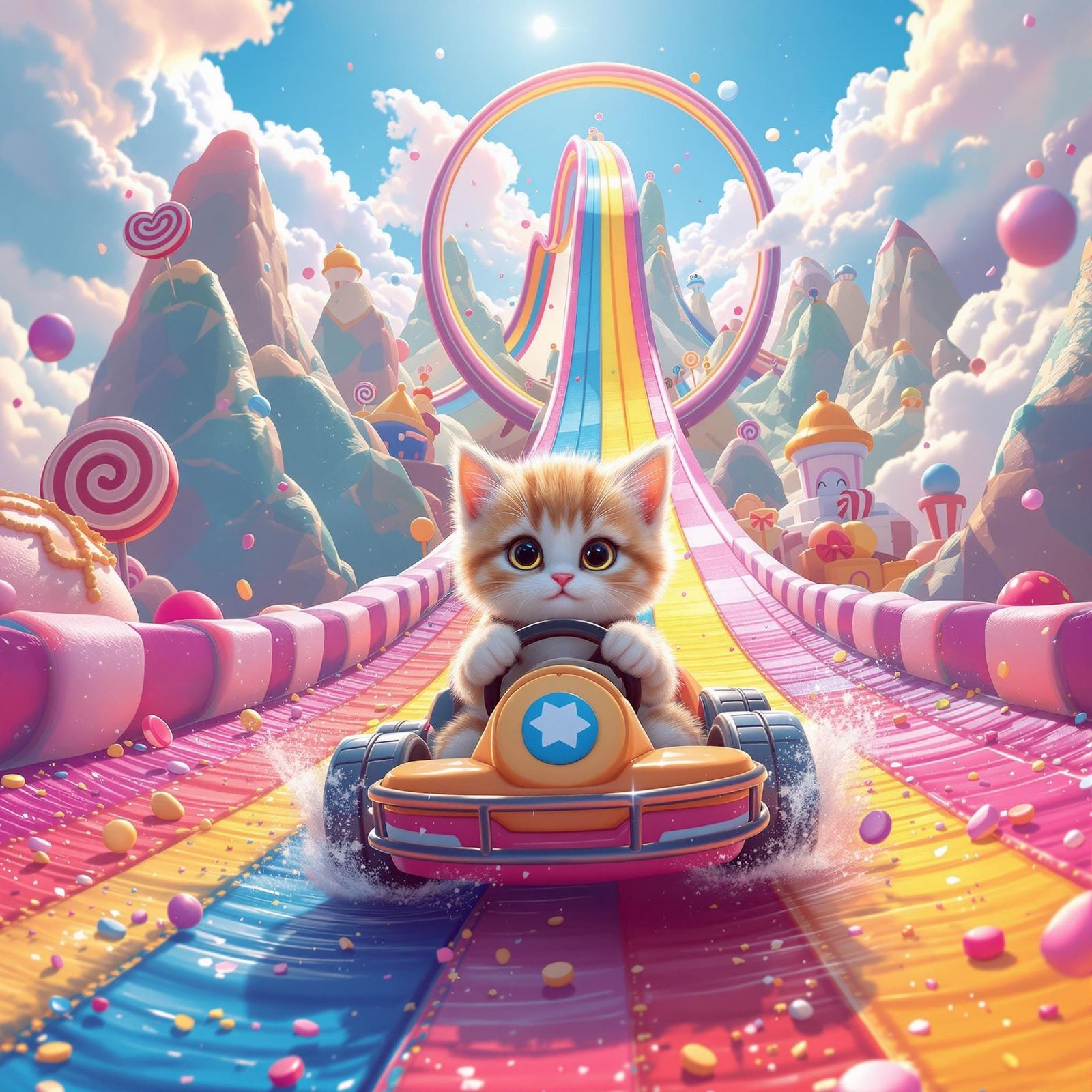 a cute baby kitten with big eyes, fluffy fur, holding the steering wheel in a cute little candy driving racing cart, dri...