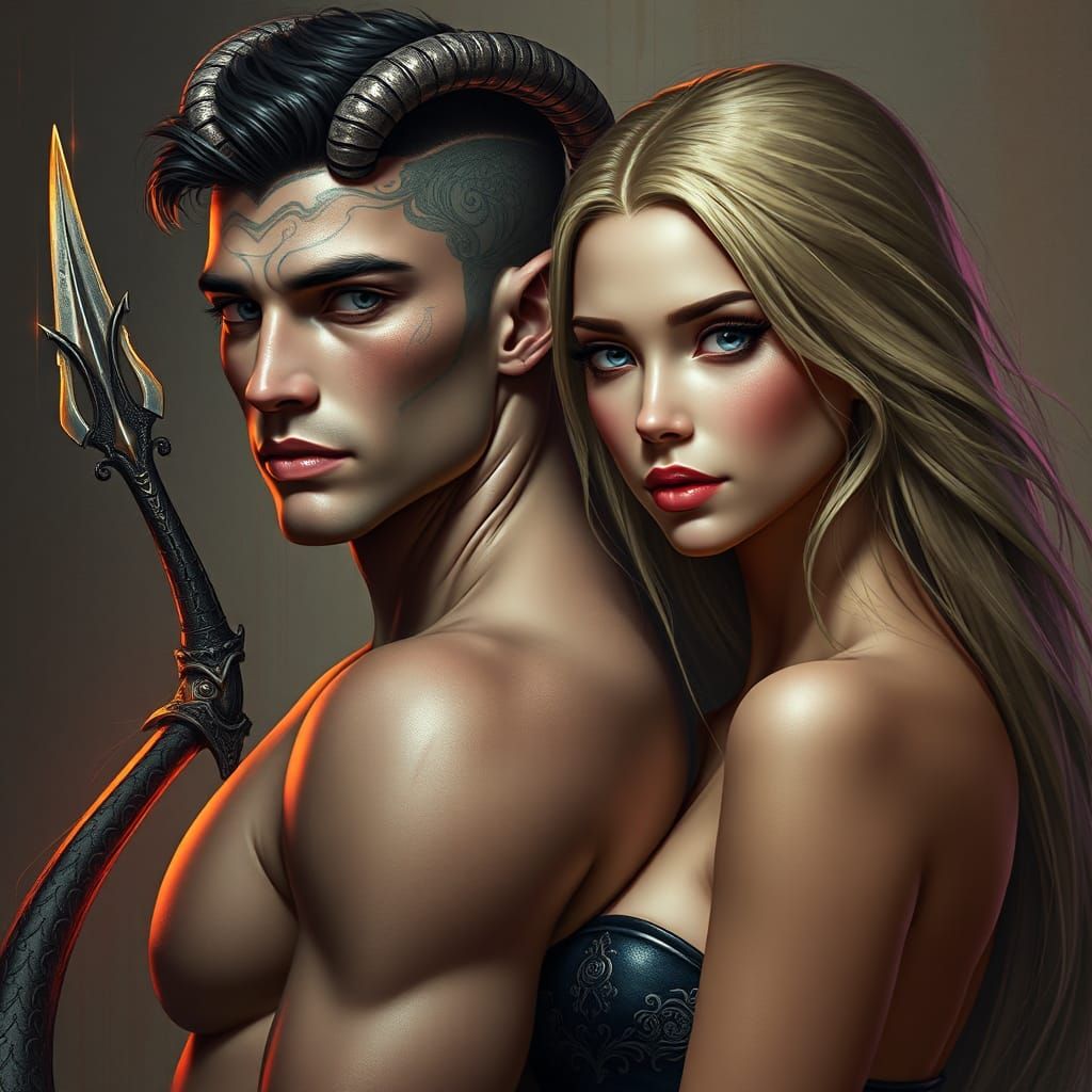 Striking Couple Portrait in Dark Fantasy Art Nouveau Style