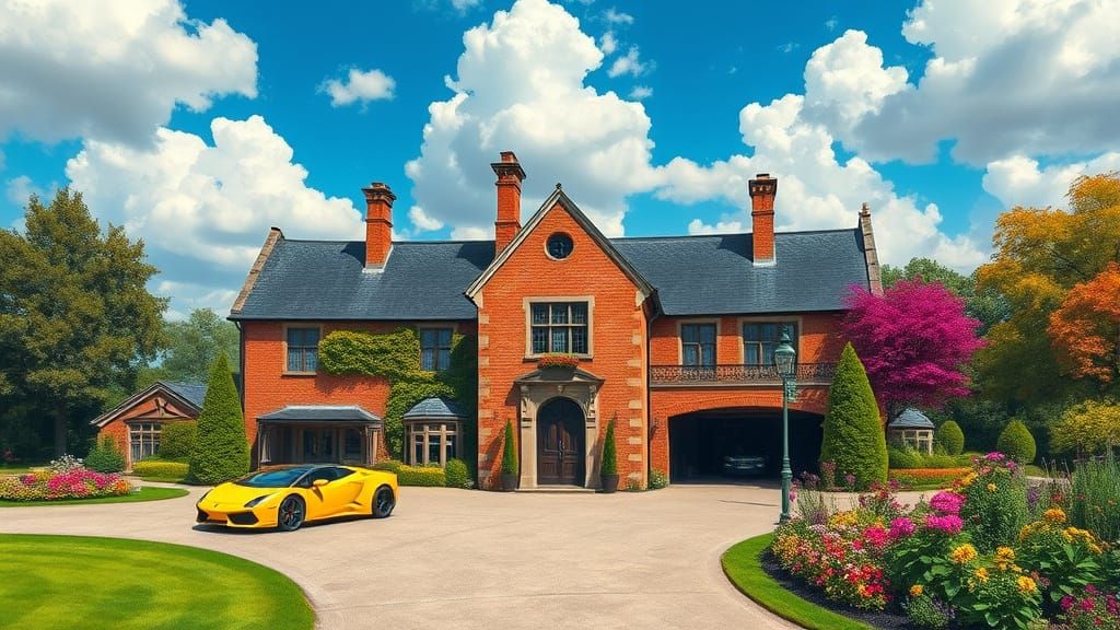 Grand Chateau Surrounded by Vibrant Cars and Gardens