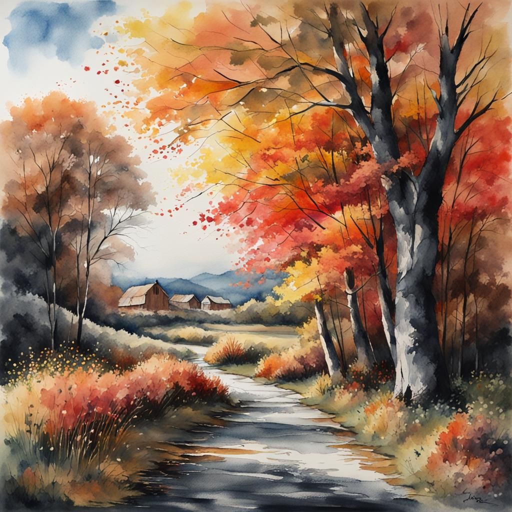 Autumnal Transition: Watercolor Landscape in Pastel Colors