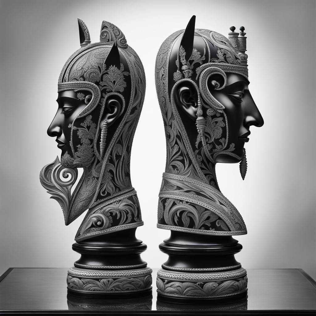 Split Portrait of Carved Chess Piece in Ebony and Ivory