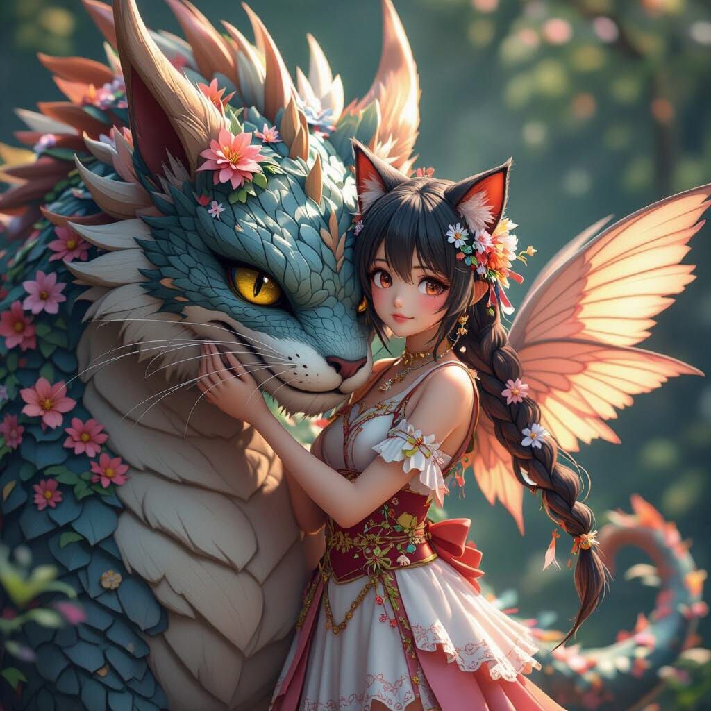 Anime Girl with Dragon Pet in 3D Render