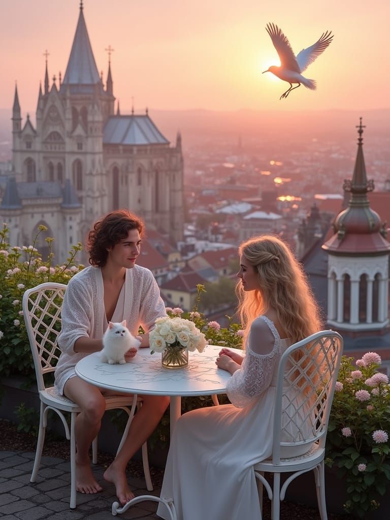 Magical Pink Dawn Over Gothic City Rooftop Gardens