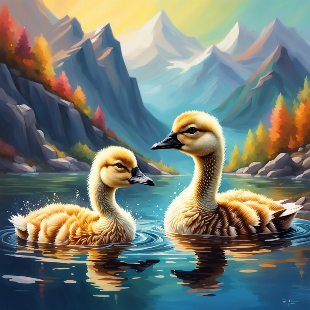 Fluffy Goslings Swimming in Mountain Lake: Splash Art