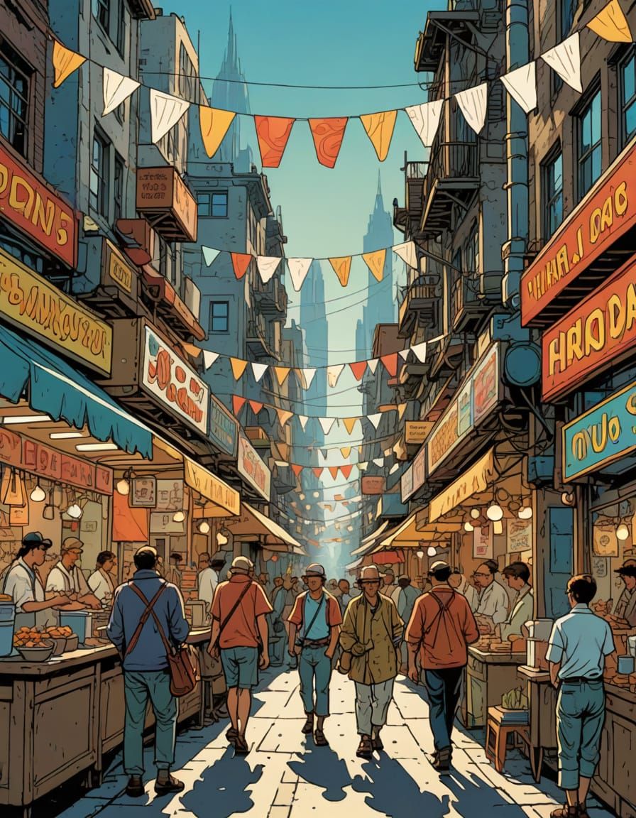 Festive Street Food Market in Comic Book Art