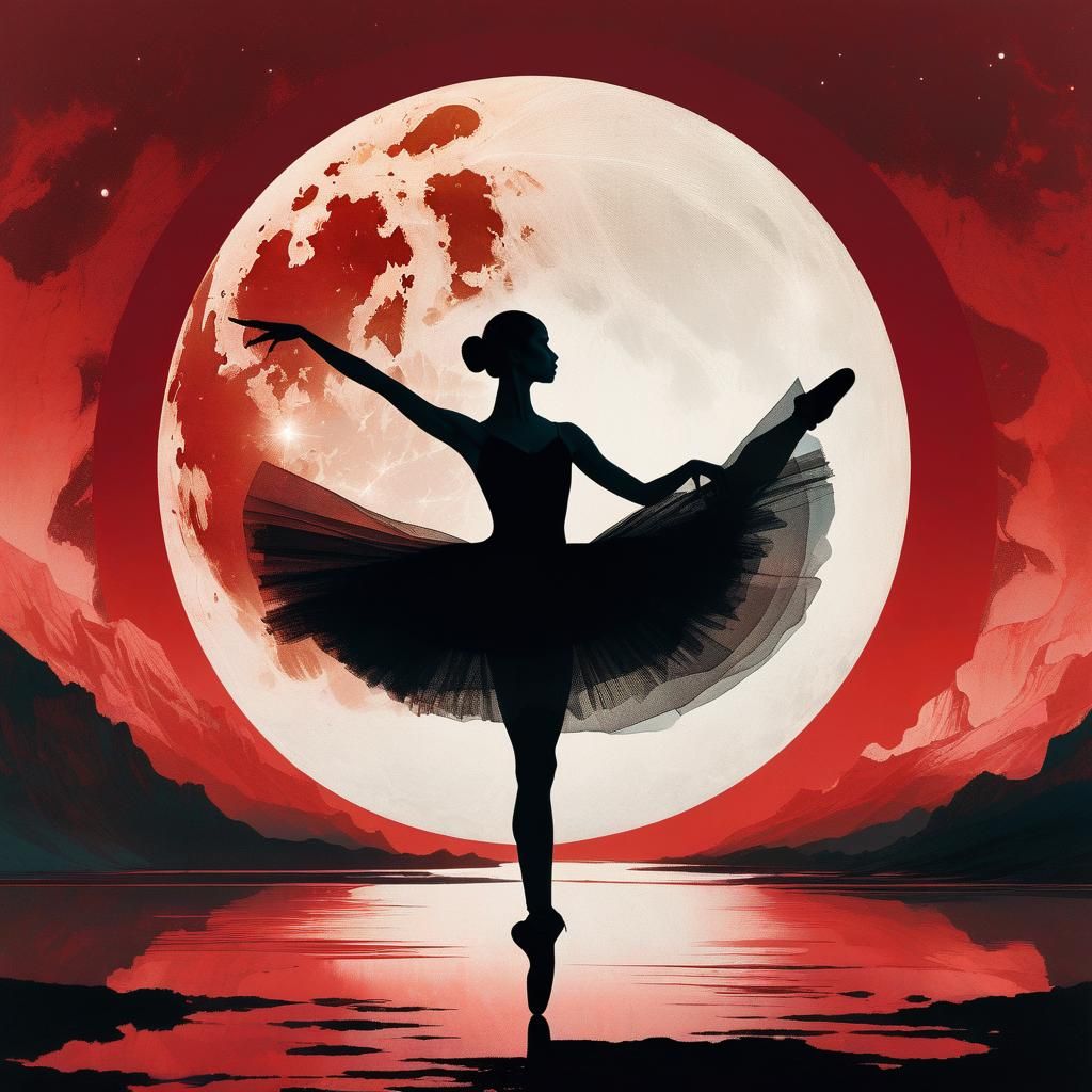 Ballerina Silhouette Dancing Under Crimson Moon