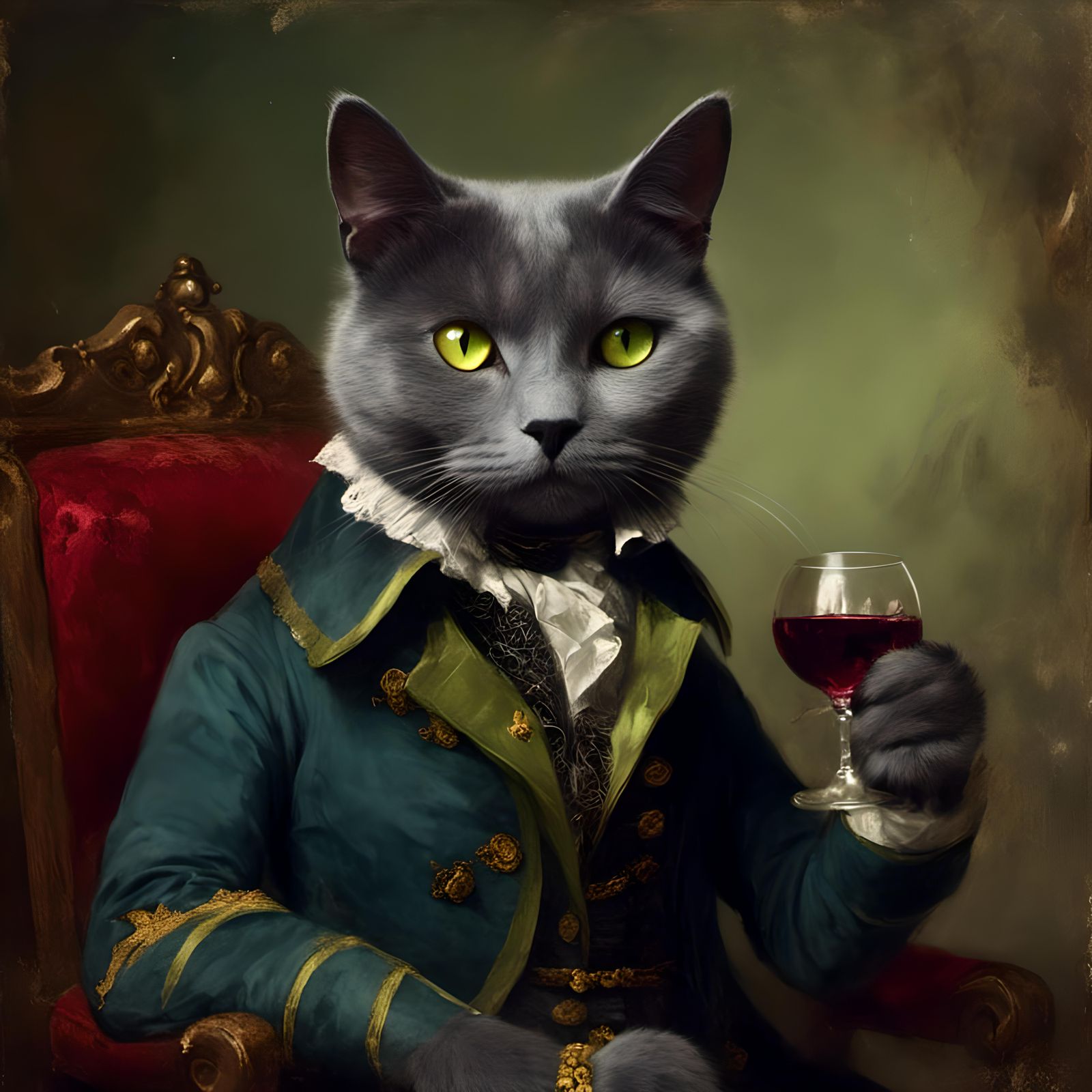 Russian Blue Cat as Napoleon in Oil Painting