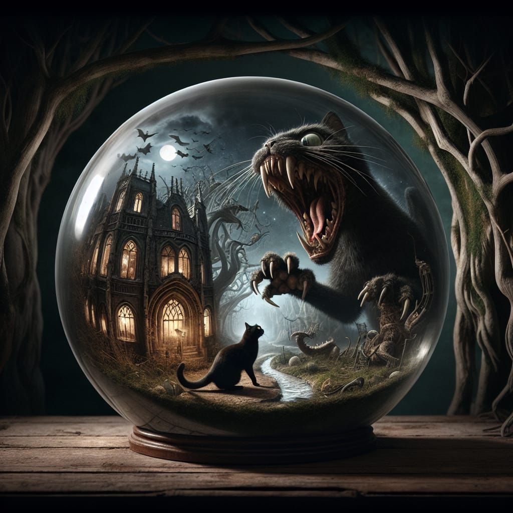 Surreal Cat in Glass Globe of Horror