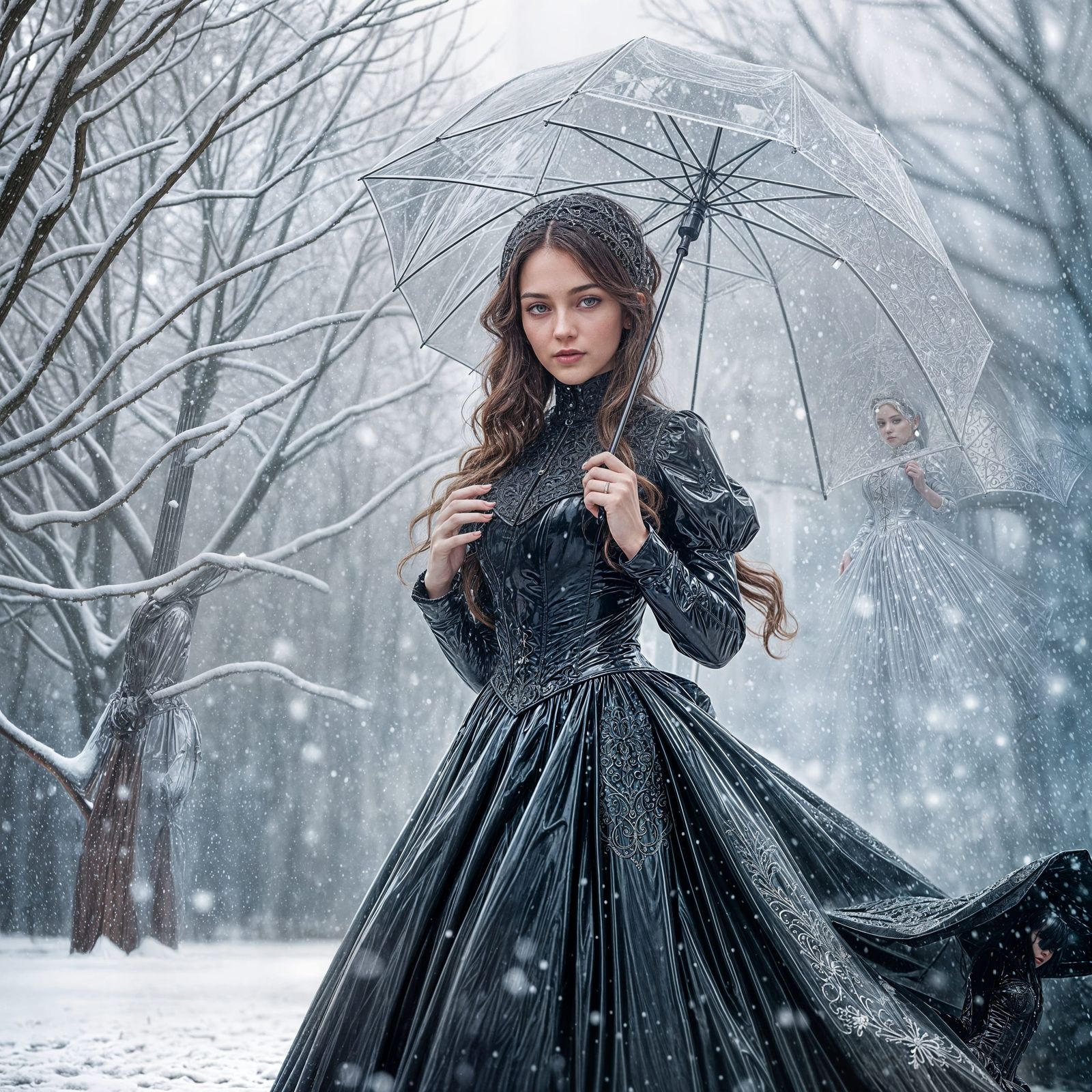 Woman in Shiny Victorian Dress in Snow