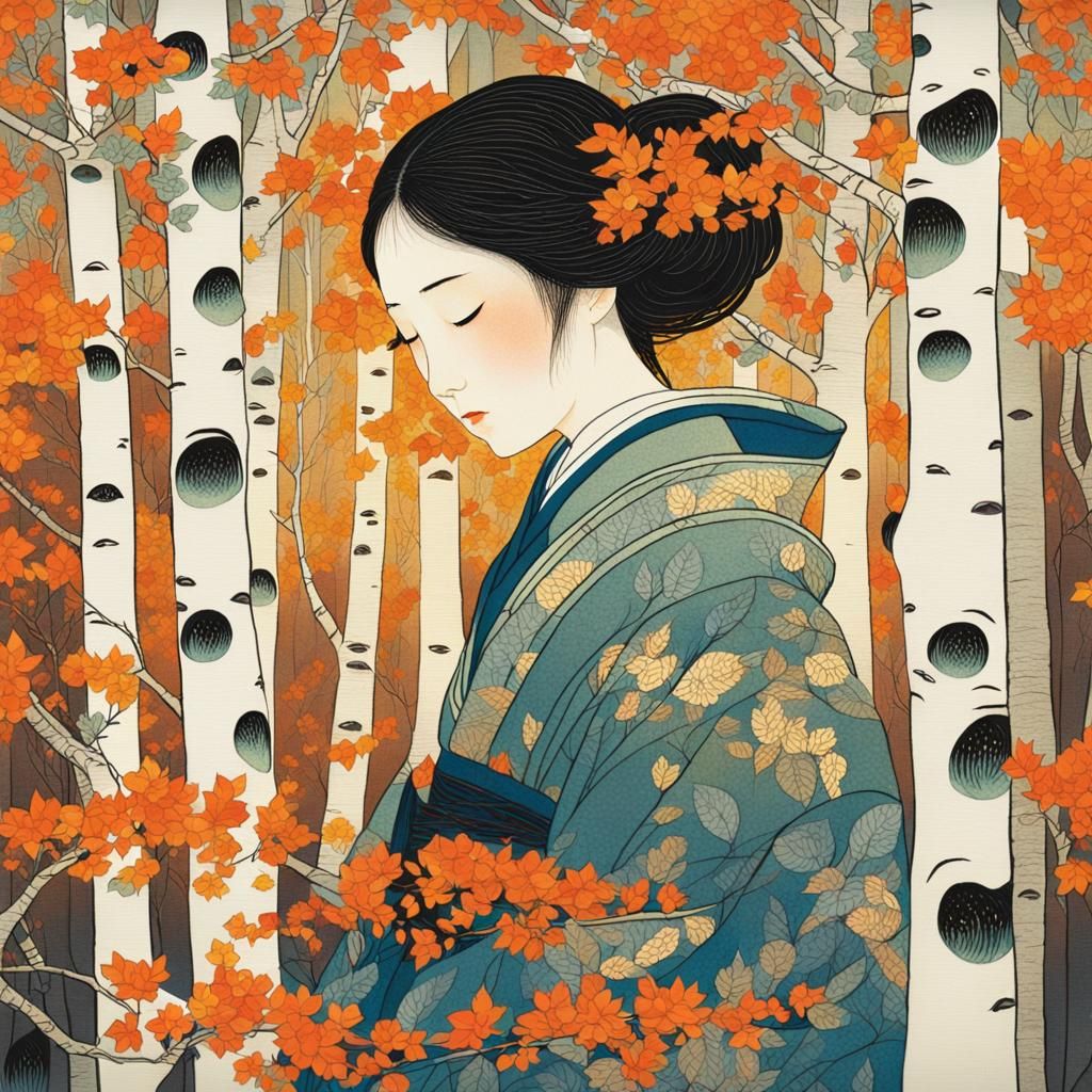 Girl in Birch Forest with Spring and Autumn Foliage as Ukiyo...