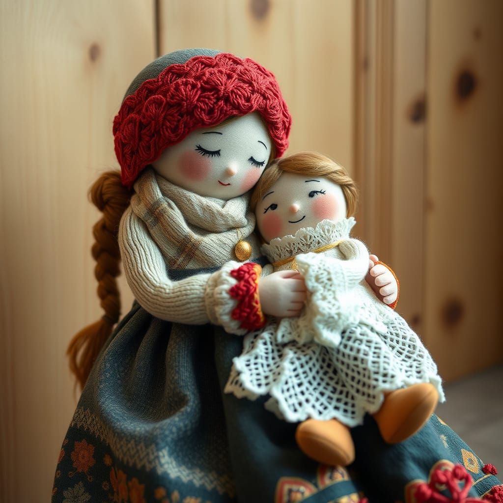 Cozy Doll Scene in Whimsical Fabric Art