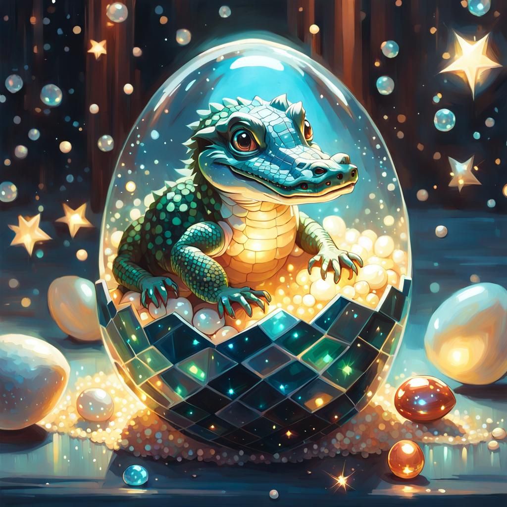 Iridescent Baby Alligator Hatching from Egg