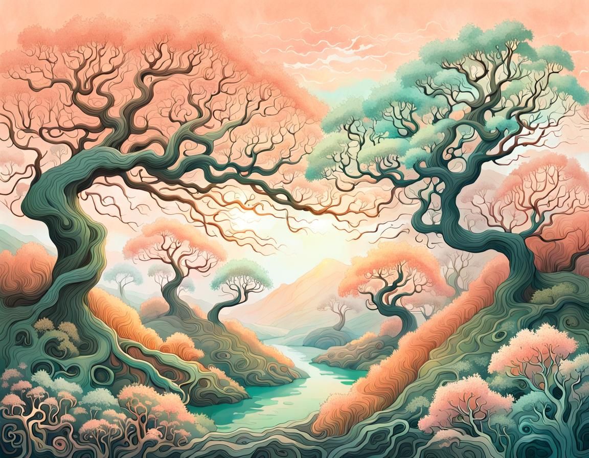 Lush Landscape with Glowing Flora in Art Nouveau Style
