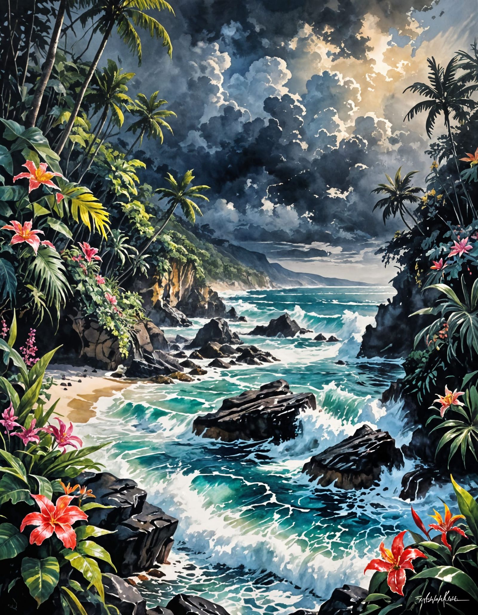 Dark Fantasy Landscape with Pit Viper in Tropical Storm