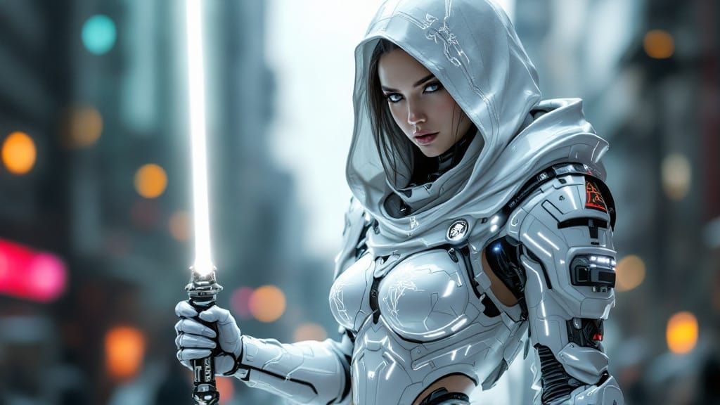 Warrior in Futuristic Armor with Lightsaber, in Hyper-Realis...