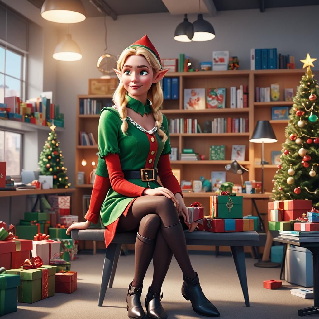 Christmas Elf on the Shelf in Office, Pixar Style