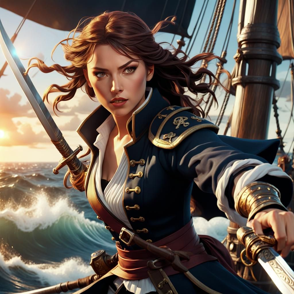 Swashbuckling Warrior Woman in Realistic Anime Style