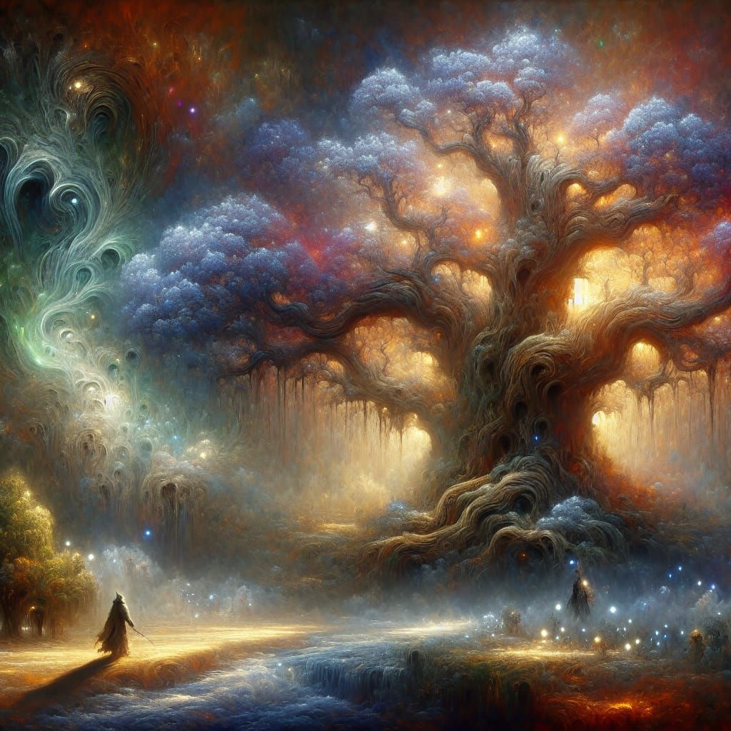Ethereal Wanderer: Surreal Bioluminescent Tree in Fog