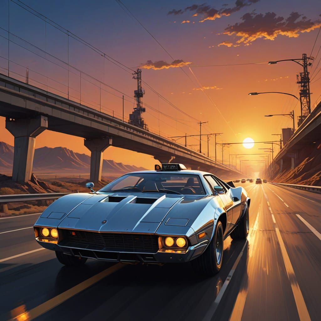 Retro-Futuristic Robot Drives Car on Empty Highway at Sunset