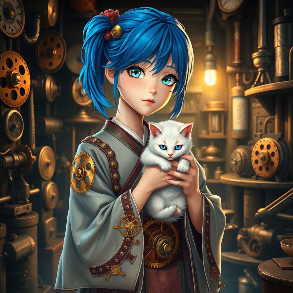 Steampunk Girl with Blue Hair and Kitten in a Cozy Workshop