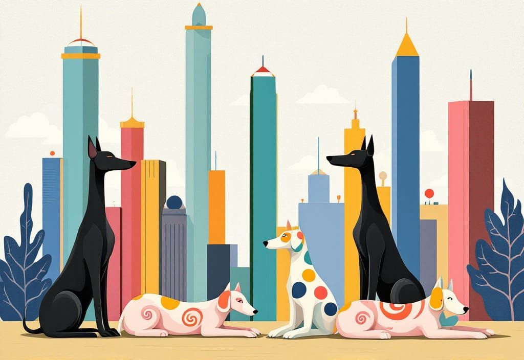 Minimalist Cityscape with Abstract Dogs in Flat Style