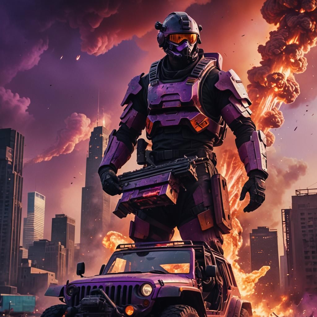 Futuristic Soldier with Bacon Jeep in Burning City