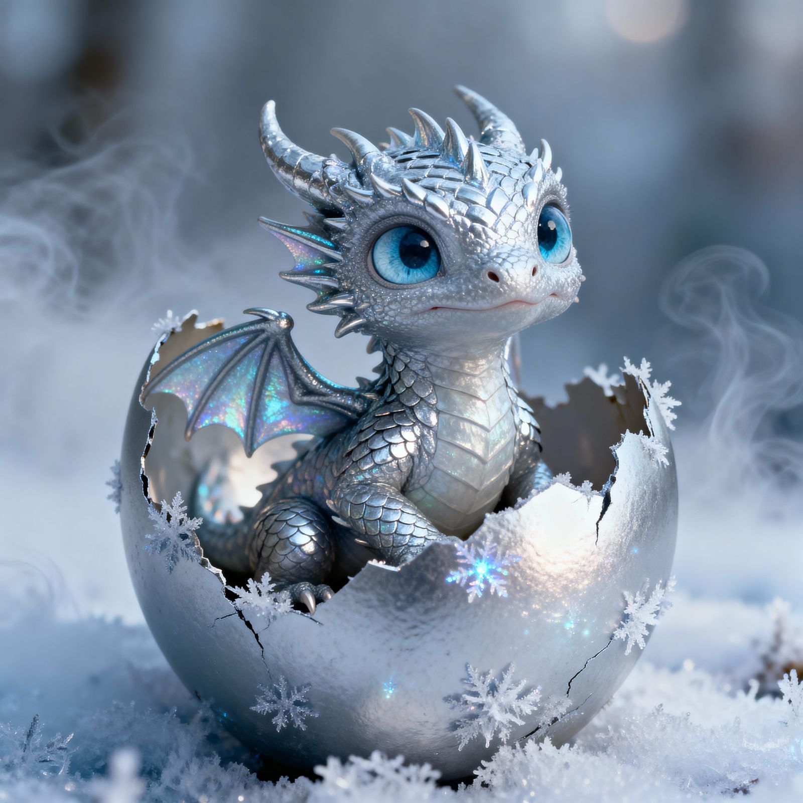Newborn Silver Dragon Hatchling in Frosty Egg