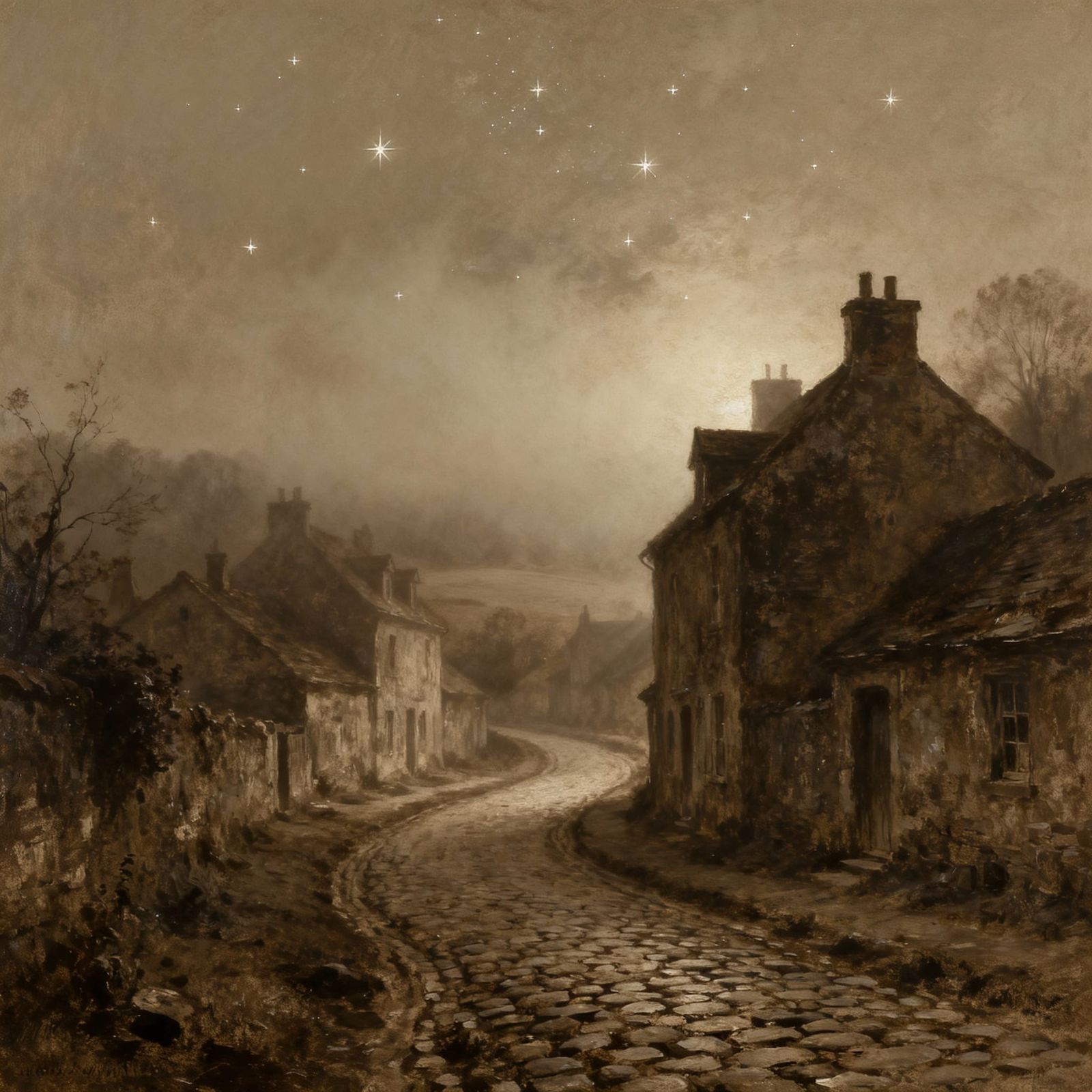 Atmospheric Oil Painting of a Foggy Village Under Twinkling ...